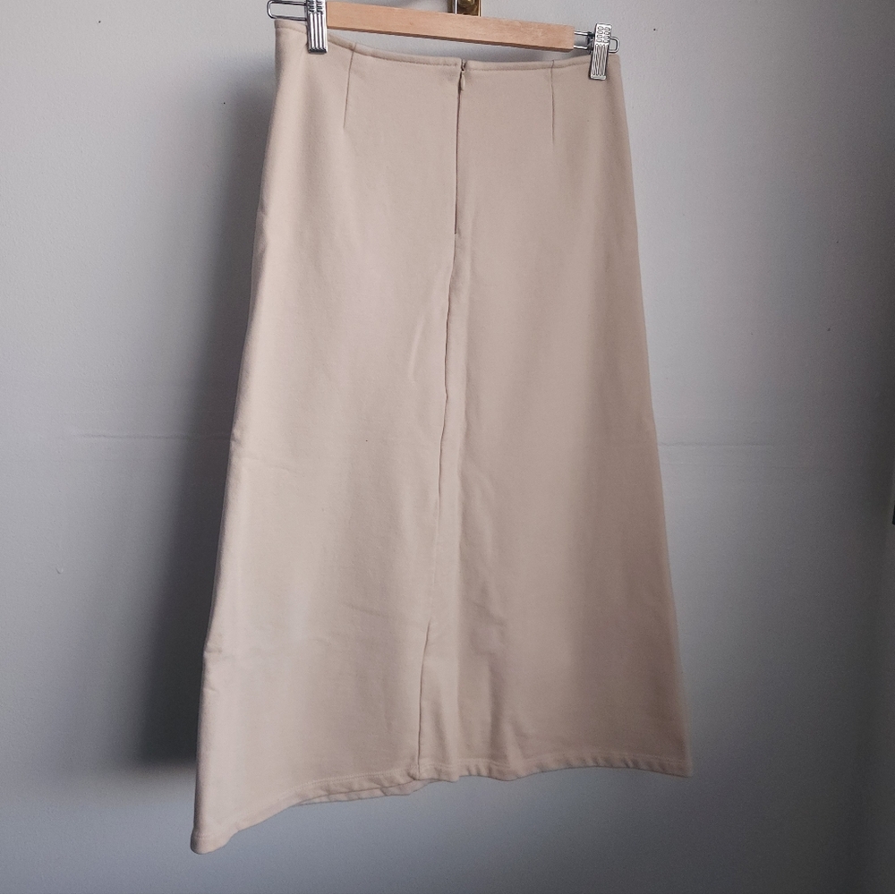 Beige Midi Skirt Womens Small Terry Cloth Lined Zip Detail Neutral Minimalist - Picture 2 of 8